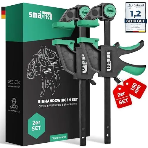 Produktbild: SMABIX® Einhandzwingen 2er Set zum Spannen, Dehnen, Fixieren mit einer Hand, 71Kg Spannkraft, Spannweite 150 mm, Dehnbereich 135mm - 285mm, Einhandzwinge, Zwingen, Schraubzwingen, Schnellspannzwinge