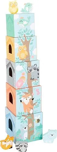 Produktbild: Small Foot Stapelwürfel Pastell aus Pappe mit Tierfiguren aus Holz, Stapelturm für Kleinkinder ab 12 Monaten, 11721 Toys