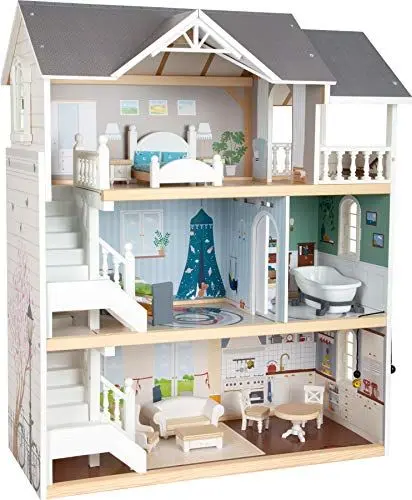 Produktbild: Small Foot Puppenhaus Stadtvilla aus Holz, mit 3 Etagen, offener Front und 12 Möbeln, für Kinder ab 3 Jahren, 11802, Weiß Grau