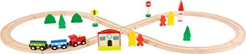 Produktbild: small foot 10503 Holzeisenbahn mit klassischen Schienen inkl. Lok Waggons, sowie Bahnhof, Zwei Verkehrsschilder und Stadteinrichtung für Kinder ab 3 Jahren