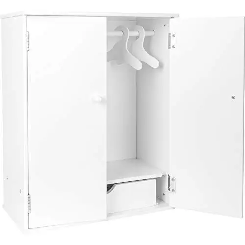 Produktbild: small foot Puppenschrank in Weiß aus Holz, mit Zubehör wie Kleiderstange und -bügel, Ergänzung zum Puppenzubehör, 11213, 40 x 20 x 53 cm