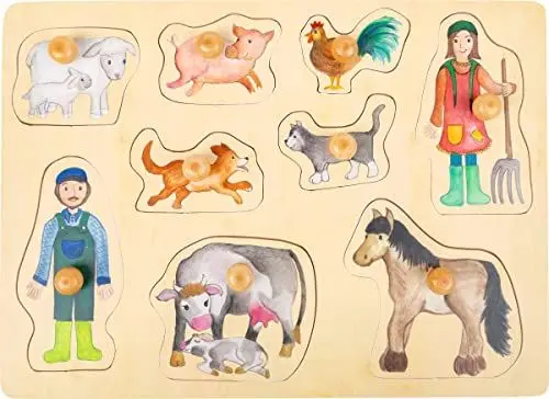 Produktbild: small foot Setzpuzzle Bauernhof und Landleben aus Holz, gut greifbare Puzzleteile mit Holzknopf, ab 12 Monaten, 11500
