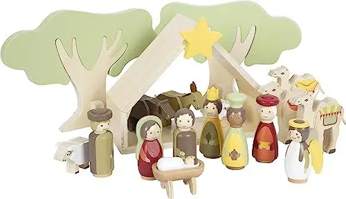 Produktbild: small foot Weihnachtskrippe aus Holz, 18-teiliges Spielset für Kinder, kindgerechte Weihnachtsdekoration mit Figuren und Tieren, 12356