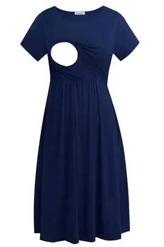 Produktbild: Smallshow Damen Lässiges Kurzarm Stillkleid Umstandskleid für Stillen Navy X-Large