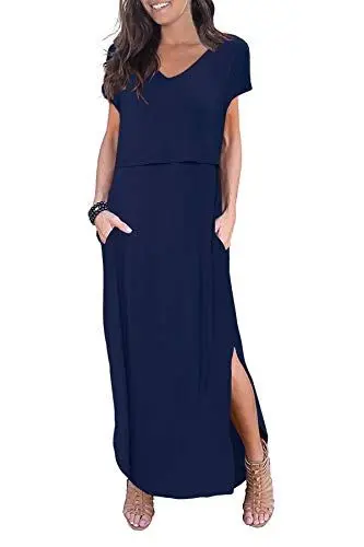 Produktbild: Smallshow Damen Lang Split Stillkleid Kurzarm Umstandskleid Sommer Navy M