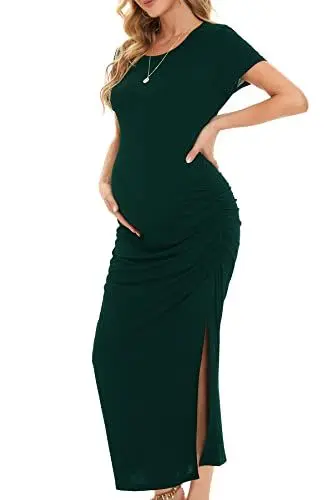 Produktbild: Smallshow Damen Lang Split Umstandskleid Sommer Kurzarm Umstandsmode Deep Green M