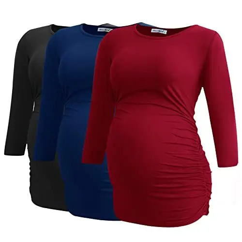 Produktbild: Smallshow Damen Schwanger Mutterschaft Oberteile 3/4 Ärmel Umstandsshirts Schwangere Tops Schwangerschafts Umstandstop 3er Pack,Black/Navy/Wine,L