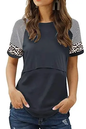 Produktbild: Smallshow Damen Stillshirt Kurzarm Umstandsmode Tshirt Still Nursing Tops Sommer,Dark Grey,M
