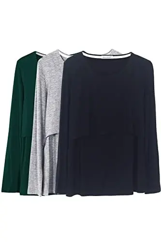 Produktbild: Smallshow Damen Stillshirt Langarm Umstandsshirt 3er Pack,Black/Grey/Deep Green,S