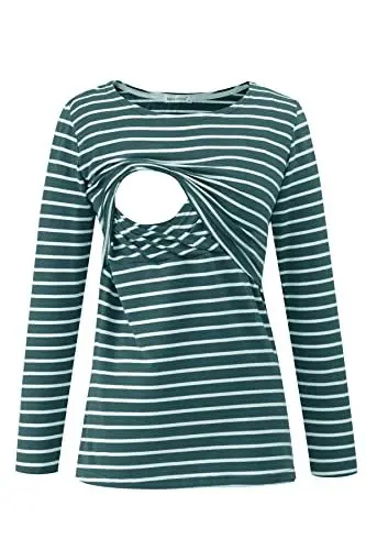 Produktbild: Smallshow Damen Stillshirt Umstandsmode T-Shirt Umstandstop Umstandsshirt Schwangerschaft Kleidung Stilltop Langarmshirt Deep Green Stripe M
