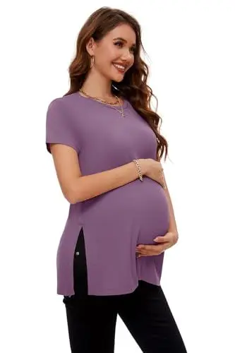 Produktbild: Smallshow Damen Umstandsmode Sommer Side Split Kurzarm umstandsshirt,Misty Lilac,XL