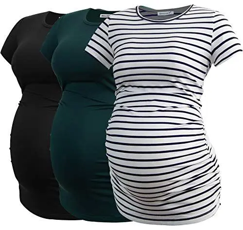 Produktbild: Smallshow Damen Umstandsmode Tops Seitlich Geraffte Schwangerschafts Umstandstop 3er Pack Black-Deep Green-White Stripe S