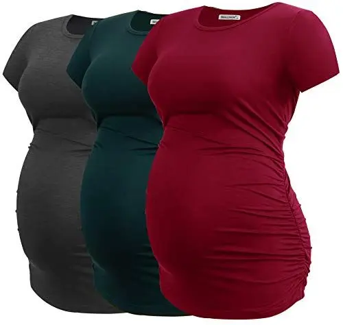 Produktbild: Smallshow Damen Umstandsmode Tops Seitlich Geraffte Schwangerschafts Umstandstop 3er Pack Deep Green-Deep Grey-Wine M