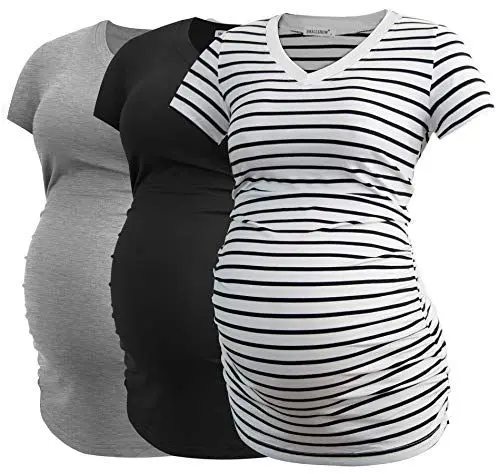 Produktbild: Smallshow Damen Umstandstop V Hals Schwangerschaft Seite Geraffte Umstandskleidung Tops T Shirt 3 Pack,Black-Light Grey-White Stripe,M