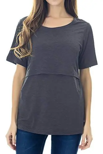 Produktbild: Smallshow Stillshirt Umstandstop T-Shirt Umstandsmode Umstandsshirt Schwangerschaft Kleidung Mutterschafts Kurzarm Shirt, Dunkel Grau, M