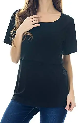 Produktbild: Smallshow Stillshirt Umstandstop T-Shirt Umstandsmode Umstandsshirt Schwangerschaft Kleidung Mutterschafts Kurzarm Shirt, Schwarz, S