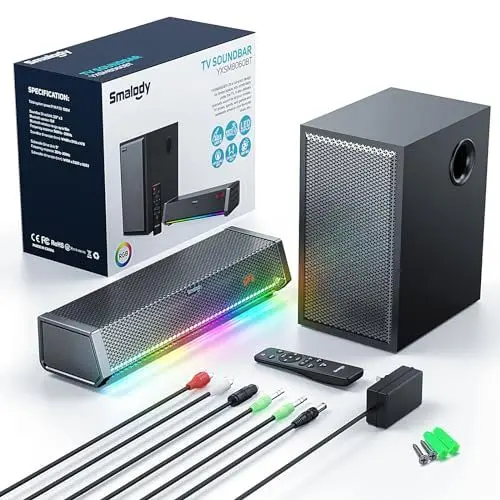 Produktbild: Smalody TV-Lautsprecher, Heimkino-Lautsprecher, kabellose Audio-Soundbar, TV-Lautsprecher + Bass-Subwoofer, Bluetooth-fähig, optisch, AUX, KOAXIAL-Eingänge, Fernbedienung