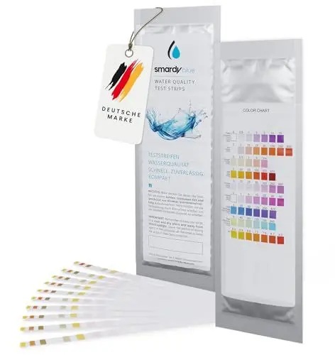 Produktbild: smardy 10x Wasser Teststreifen 9in1 Trinkwassertest | freies Chlor, pH, Alkalinität, Nitrat, Nitrit, Wasserhärte Test | Wasserteststreifen für Trinkwasser, Aquarium, Pool | Wasserqualität Wassertest