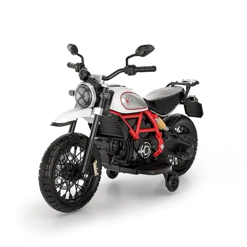Produktbild: Smart BeBe Kinder Elektro-Motorrad Ducati Scrambler 12V Batterie Geschwindigkeit MP3 Sound und Lichter 3-8 Jahre Kindermotorrad mit Stützrädern (Weiß)