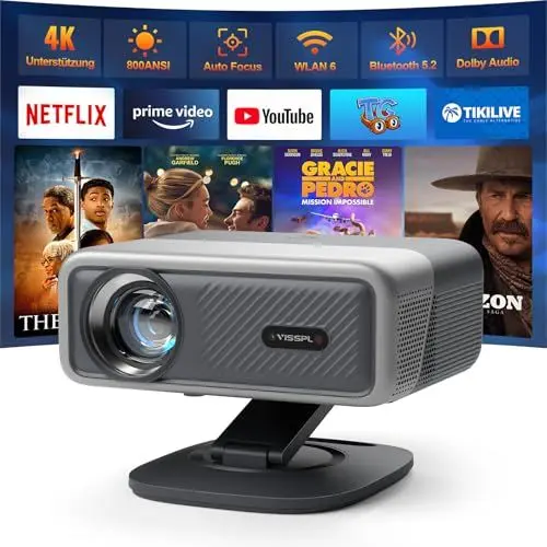 Produktbild: Smart Beamer 4K(Netflix Official & 3D Dolby Audio) VISSPL 28000 Lumen Autofokus/Auto Trapezkorrektur Projektor, WiFi6 Bluetooth Beamer 4K Heimkino, Outdoor Video Beamer Mit 360° Drehbarem Ständer