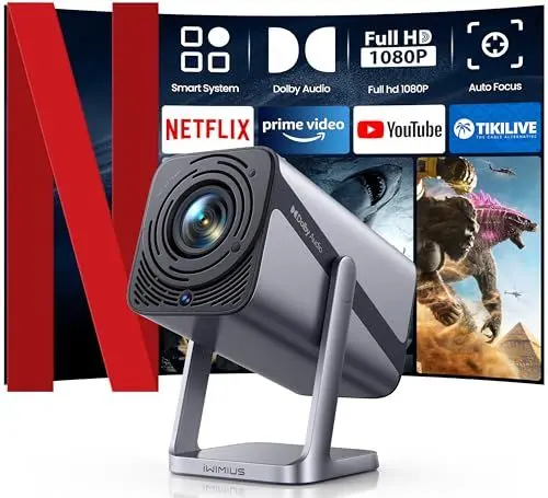 Produktbild: Smart Beamer 4K (Netflix Official | Dolby Audio) Full HD 1080P Beamer 600ANSI Smart-System Elektrischer Fokus, Auto Vertikale Trapezkorrektur WiFi6 Zweiwege-Bluetooth 20W Projektor Outdoor 360°Drehbar