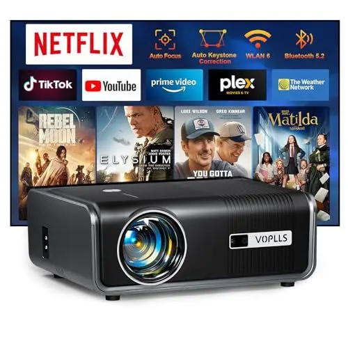 Produktbild: Smart Beamer 4K<strong>Netflix Official & Dolby Audio:</strong>  28000L Auto Fokus/6D Trapezkorrektur Beamer Full HD 1080P, VOPLLS WiFi6 Bluetooth Unterstützt 4K Video Beamer Heimkino/Outdoor für PS5/ Handy Projektor