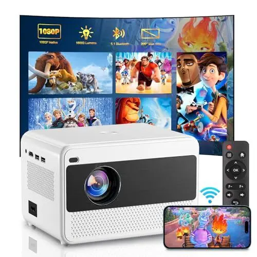 Produktbild: Smart Beamer 5G WiFi Heimkino Projektor,16000 Lumen Full HD 1080P Beamer,Elektrischer Fokus 200 Zoll Zoom Bluetooth Projektor Kompatibel IOS/Andriod/Fire Stick/Laptop/PS5