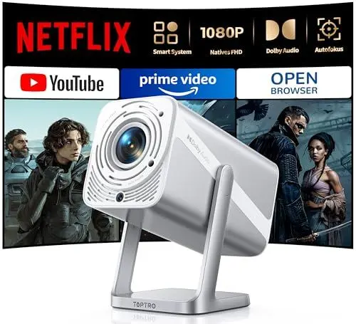 Produktbild: Smart Beamer (Netflix Official & Dolby Audio) Beamer 4K Heimkino 1080P FHD, Tragbarer Projektor 600ANSI Autofokus/Auto Vertikale Trapezkorrektur mit WiFi6 Bluetooth Outdoor 360°Drehbar
