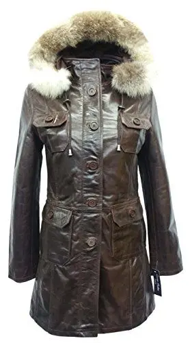 Produktbild: Smart Range Ladys 9940 Dark Brown Glaze Kapuze Pelz- Mittellanges Echtlederjacke -Mantel (20, BROWN)