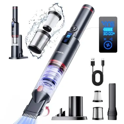 Produktbild: SmartAI Handstaubsauger, 17000Pa Mini LED Kabelloser Akku Handsauger, 30 Minuten Dauer Leicht Akkusauger für Auto Zuhause Wohnmobil Tierhaare,mit Ladeständer, Typ-C Ladung, Großstaubbox