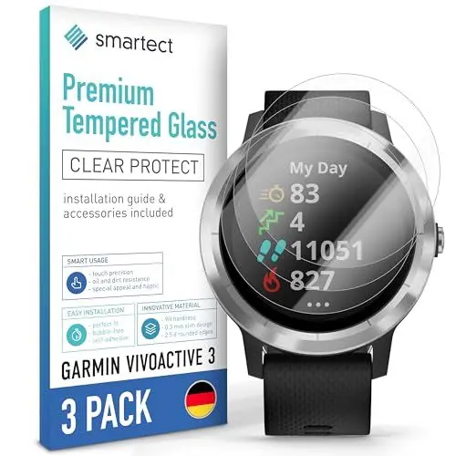 Produktbild: SmarTect Schutzglas (3 Stück, Klar) kompatibel mit Garmin Vivoactive 3, HD Schutzfolie Anti-Kratzer, Blasenfrei, 9H Härte, 0.3 mm Ultra-klar, Ultrabeständig