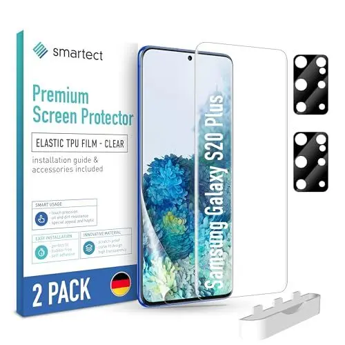 Produktbild: smartect TPU Schutzfolie (2 + 2 Stück) kompatibel mit Samsung Galaxy S20 Plus, DISPLAY + KAMERA, Bedeckt das ganze Display, Bildschirmschutz Blasenfrei, Displayschutzfolie Anti Fingerabdruck
