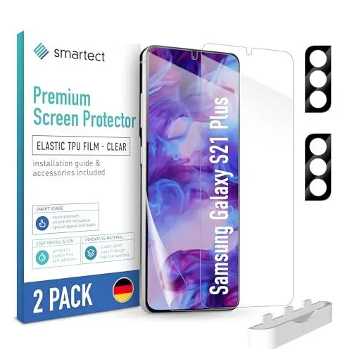 Produktbild: SmarTect TPU Schutzfolie (2 + 2 Stück) kompatibel mit Samsung Galaxy S21 Plus, DISPLAY + KAMERA, Bedeckt das ganze Display, Bildschirmschutz Blasenfrei, Displayschutzfolie Anti Fingerabdruck