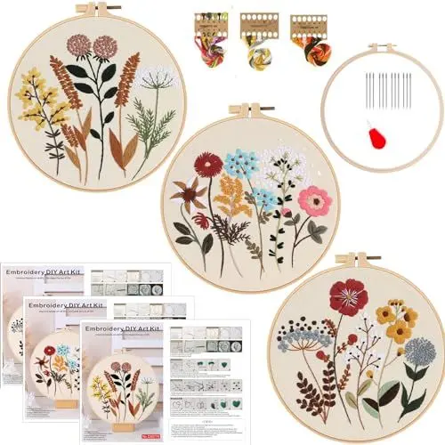 Produktbild: Smart-Feather 3 Sets Stickset für Anfänger, Handstickerei-Kits für Erwachsene mit Reifen, DIY Kunstprojekt Bastelset (Blume)