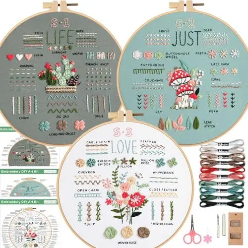 Produktbild: Smart-Feather 3 Sets Stickstich-Übungsset für Anfänger, grundlegende und fortgeschrittene Stickstiche, absolute Stickerei-Starter-Kits, Hand-Bastel-Set (grau)