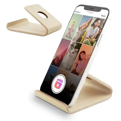 Produktbild: Smartify Handyhalter Birkenholz - Holz Handy Ständer für iPhone, Samsung, iPad, Kindle - Handyhalterung für Büro, Bett & Schreibtisch - Ergonomische Halterung Smartphone Holz