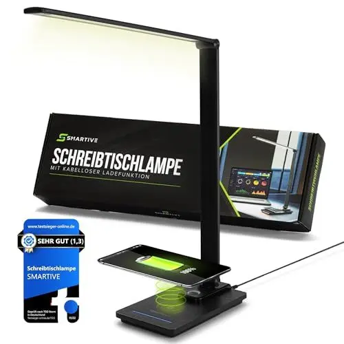 Produktbild: SMARTIVE | Design Schreibtischlampe mit kabelloser Ladefunktion - LED Bürolampe mit 10W wireless charging - augenschonendes Licht dimmbar und Laden ohne Kabel | desk lamp schwarz + USB Ausgang