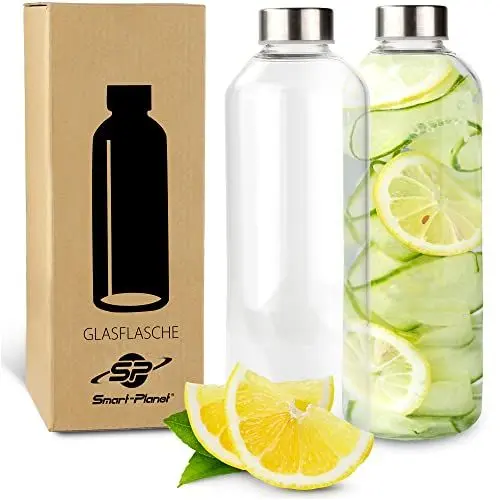 Produktbild: Smart-Planet 2er SET hochwertige Trinkflaschen aus Glas - Glasflasche aus Borosilikat Glas - 1L Glastrinkflasche mit Metalldeckel in Edelstahloptik - für Sport
