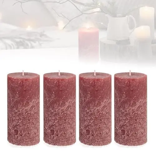 Produktbild: Smart-Planet 4er Set Kerzen Ambiente Rustic Stumpenkerzen - Bordeaux - große Rustik Kerze 12cm - lange Brenndauer ca. 54 Std Weihnachtskerzen Adventskranz