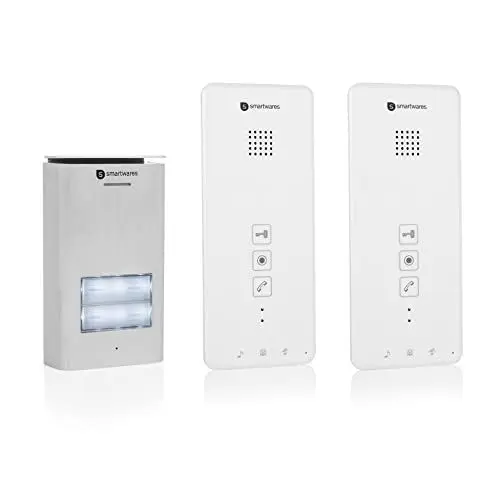 Produktbild: Smartwares DIC-21122 Gegensprechanlage – 2-Wege-Kommunikation – Einfache 2-Draht-Installation – 52 Melodien – Beleuchteter Klingelknopf – wasserdichte Außeneinheit - Set für 2 Wohnungen, 15 Watt