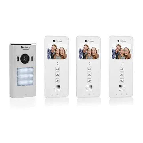 Produktbild: Smartwares DIC-22132 Video-Türgegensprechanlage für 3 Wohneinheiten, 3,5 Zoll (8,9 cm) LCD-Monitor/mit Türöffnerfunktion / 2-Draht-Technik, Silber