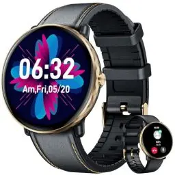 Produktbild: Smartwatch Armbanduhr Fitnessuhr Kompatibel Android iOS: Herren Uhr mit 1,43 Rund AMOLED Touchscreen lederarmband Wasserdicht blutdruck Schrittzähler Sportuhr Herzfrequenz Telefonfunktion Wecker Uhren