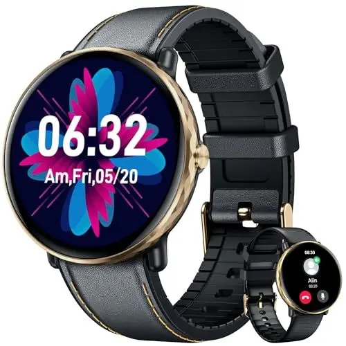 Produktbild: Smartwatch Armbanduhr Fitnessuhr Kompatibel Android iOS: Herren Uhr mit 1,43 Rund AMOLED Touchscreen lederarmband Wasserdicht blutdruck Schrittzähler Sportuhr Herzfrequenz Telefonfunktion Wecker Uhren