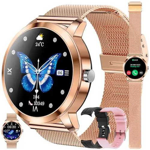 Produktbild: Smartwatch Damen mit Telefonfunktion, 1,09 Zoll Touchscreen Stahl Smart Watch mit 123 Sport|SpO2|Menstruationszyklus|Herzfrequenzmonitor|Schlafmonitor|Sportuhr Aktivitätstracker für Android iOS (Gold)