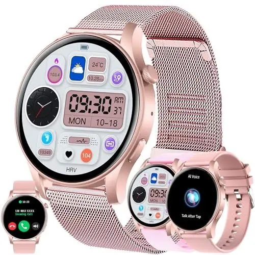 Produktbild: Smartwatch Damen mit Telefonfunktion, 1,43” AMOLED Fitnessuhr mit 100+ Sportmodi, Pulsmesser, Schlafmonitor, Schrittzähler, Fitness Tracker kompatibel mit Android/IOS, 3 Armband, Geschenk Damen (Gold)