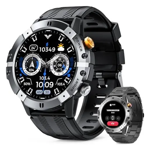 Produktbild: Smartwatch Herren 1ATM Wasserdicht mit Telefonfunktion Anrufe Schrittzähler Blutdruckmessung 1,52 Zoll rundes HD Display Outdoor Uhren Fitness Tracker Fitness Uhr Sportuhr für Android IOS(grau)