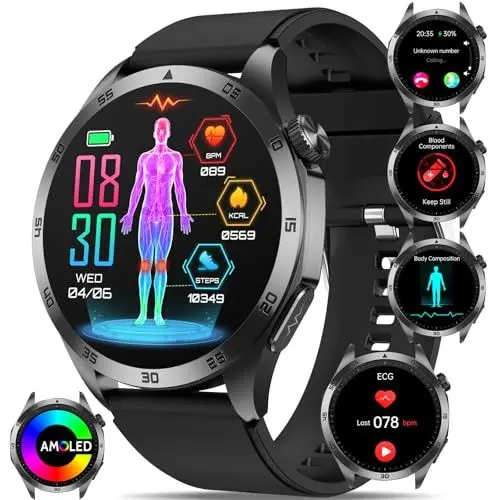 Produktbild: Smartwatch Herren Damen ΒΙυτｚυcker/EKG+HRV/Harnsäure/BMI Gesundheitsuhr 1.43”AMOLED Smartwatch Always-On Display mit Telefonfunktion,SOS-Notruf,24H Herzfrequenz,Schlafmonitor,Wetter für Android iOS