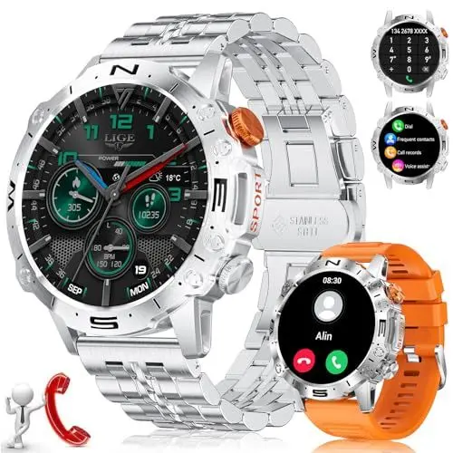 Produktbild: Smartwatch Herren IP68 Wasserdicht mit Telefonfunktion Anruf AMOLED Groß Touchscreen Langlebiger Akku Sprachassistent Android iOS Fitness Tracker Outdoor Robuste Militär Smartwatch Herren Schwarz