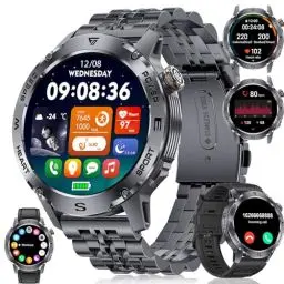 Produktbild: Smartwatch Herren Militärische mit Telefonfunktion 500 mAh Langer Batterielaufzeit AMOLED-Display 5 ATM Wasserdicht Fitness Tracker Schrittzähler/Herzfrequenz iOS Android Uhren Smartwatch Schwarz