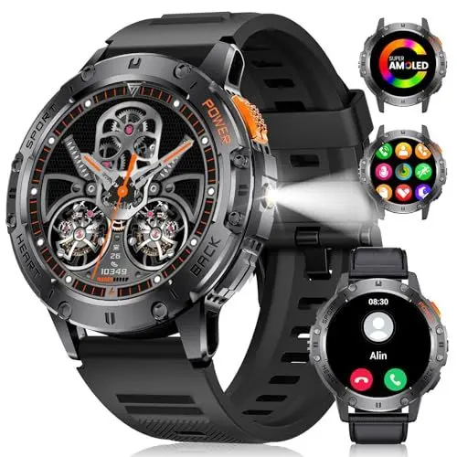 Produktbild: Smartwatch Herren mit LED Taschenlampe,1,43'' AMOLED Militär Smart Watch mit Telefonfunktion,Herzfrequenz Schlafüberwachung 120+ Sportmodi,5ATM Wasserdicht Fitnessuhr,530mAh Akku,2 Silikon Armbänders